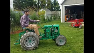 Homemade tractor: An explanation of the 2 transmission drive train. Operation starts at 5:26.