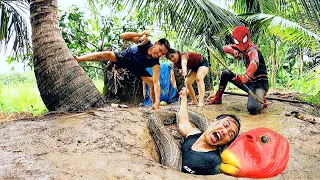 Superhero Spider-Man Fights To Save A Young Man Attacked By A Sea Monster