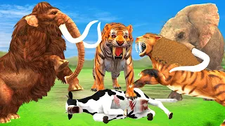 Giant Tiger Attacks Cow Cartoon Saved By 2 Giant Bull Elephant Woolly Mammoth VS Saber-Toothed Tiger