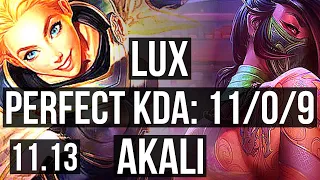 LUX vs AKALI (MID) | 11/0/9, 1.8M mastery, Legendary, 900+ games | EUW Diamond | v11.13