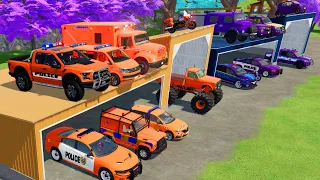 TRANSPORTING CARS, FIRE TRUCK, MONSTER TRUCK, AMBULANCE, POLICE CARS OF COLORS! WITH TRUCKS! - FS 22