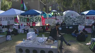 Pro-Israel supporters march past UCSD pro-Palestinian encampment