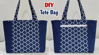 SHOPPING BAG CUTTING AND STITCHING | DIY Zippered Tote Bag Sewing Tutorial | Cloth bag making | Bags