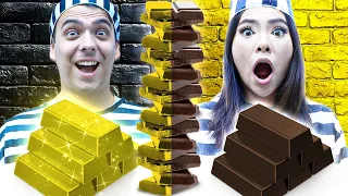 GOLD FOOD VS CHOCOLATE FOOD CHALLENGE IN JAIL | EATING ONLY SWEET 24 HOURS BY CRAFTY HACKS