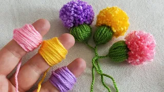 Amazing Pom Pom Flower Craft Idea with Fingers - Easy Woolen Flower Making - Hand Embroidery Trick