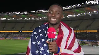 Grant Holloway after winning his THIRD World Championship in a row!