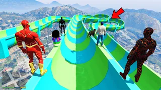 Franklin And Avengers Right Way Water Slide Ramp Jump Challenge With All Flash in GTA 5