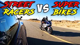 STREET Racers Take On SUPER Bikes On PUBLIC Roads | CRAZIEST Bike VS Car Races Of 2022