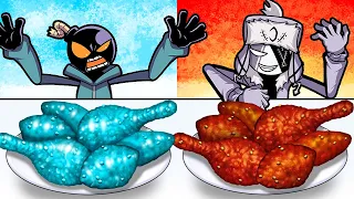 뜨거운 VS 차가운 음식 챌린지 양념치킨을 먹는 프라이데이 나이트 펑킨 먹방 애니메이션
