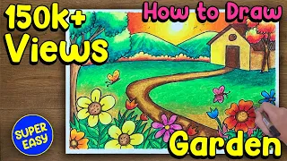 How to Draw Easy "GARDEN" Scenery – Super Easy Step by Step Colouring Lesson