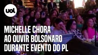 Michelle chora ao ouvir mensagem de Bolsonaro durante evento do PL Mulher; veja vídeo