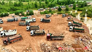 Amazing Huge Landfill Process Hyundai​​ 25t Trucks Unloading Rocks & Dozer Push Rocks Roll in Water