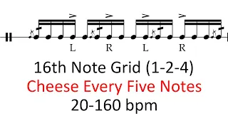 Cheese every five notes (1-2-4 accents) | 20-160 bpm play-along 16th note grid drum practice music