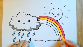 HOW TO DRAW Weather - Rainy Cloud, Rainbow and Sun - Colored with markers