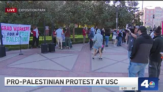 Pro-Palestinian grad students rally outside of USC