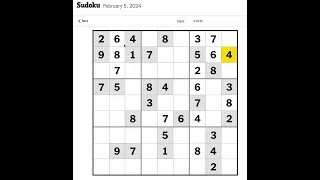 New York Times Sudoku Hard February 5, 2024