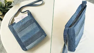 DIY Simple Patchwork Crossbody Bag With Zipper and Deep Front Pocket Out of Old Jeans | Upcycle