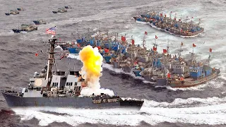 Tension Rises! US Navy Warships Facing Hundreds of Chinese Fishing Vessels in The South China Sea