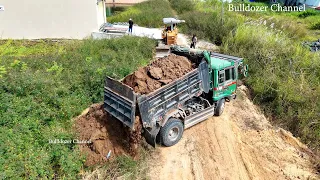Amazing Filling Land 20x30 Meter By 5 Ton Dump Truck Unloading Dirt And Komatsu D31 Bulldozer Pusher