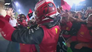 Carlos Sainz And Charles Leclerc celebrate  one two for ferrari