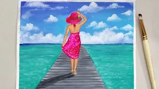 Beautiful Girl walking on the Sea Beach painting | Lady in Hat Painting |Girl on the beach painting