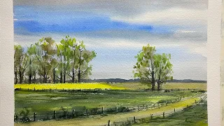 BEGINNERS WATERCOLOR FIELDS & TREES, Paint A LOOSE Watercolour Landscape PAINTING Tutorial, GLAZING