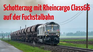 Schotterzug mit Rheincargo Class66 auf der Fuchstalbahn von Kaufering nach Kinsau