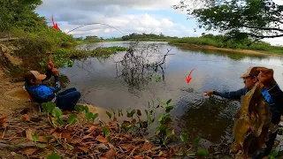 Nunca peguei tanto tucunaré neste lugar. Pesca caipira na varinha de mão.