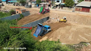 Construction site completes 40% of sand project to build mansion and work by dozer kuamsu push sand