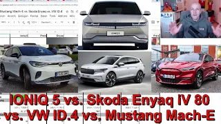 IONIQ 5 vs. Skoda Enyaq iV 80 vs. VW ID.4 vs. Ford Mustang Mach-E - Der ULTIMATIVE Papiervergleich😎