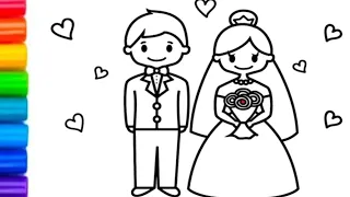 Bride And Groom Drawing | How To Draw Bride And Groom Drawing For Kids | Colorful Bride Drawing