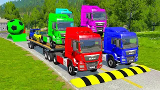 Double Flatbed Trailer Truck vs Speedbumps Train vs Cars Beamng.Drive #9