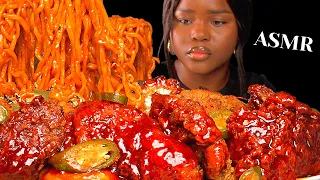 ASMR 2X SPICY NUCLEAR FIRE FRIED CHICKEN WINGS,TENDERS & 2X SPICY NOODLES MUKBANG |Eating Sounds