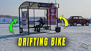 Guy Drifting in a Custom Bus Stop Themed Bike