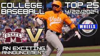 COLLEGE BASEBALL TOP 25 RANKINGS 4/22/24 | WHEELS BREAKDOWN OF COLLEGE BASEBALL RANKINGS