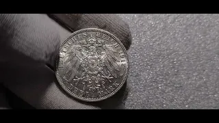 Германия Серебро UNC. 3 марки 1912 год J Гамбург ЛЮКС / СУПЕР СОХРАН! 900 проба (Q2)