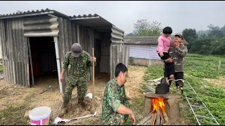 built a house with old materials and his daughter made a stove out of mud