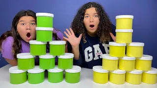 FIX THIS 50 POUND BUCKET OF STORE BOUGHT SLIME CHALLENGE!! GREEN VS YELLOW