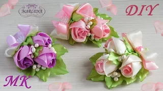 Roses 🌹 kanzashi. Hairpin / boutonniere with buds of roses DIY