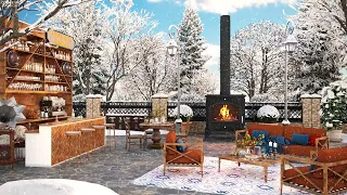Cozy Winter Porch Coffee Shop Ambience with Relaxing Jazz Music & Fireplace