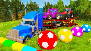 Double Flatbed Trailer Truck rescue Bus - Big & Small Monster Trucks Transportation with Tractor