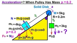 Physics 13.1  Moment of Inertia Application (9 of 11) Acceleration=? When Pulley Has Mass (mu=0.2)