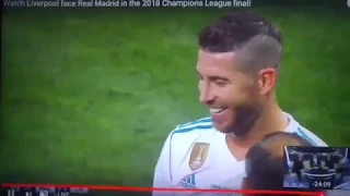 UEFA Champions League Final 2018. Sergio Ramos laughing as Mo Salah goes off