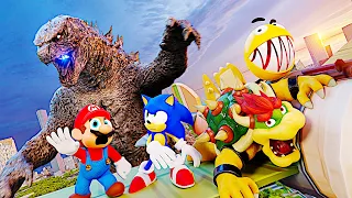 Mario Sonic Bowser, and Pacman vs giant Godzilla