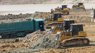 Good Work Swamp Filling Project Huge Bulldozer Spreading Dirt, Huge Truck Dumping Soil Incredible
