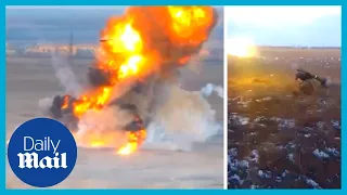 Russian tank explodes after Ukraine paratrooper fires US Javelin at it