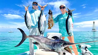 FL Keys Bay Boat Offshore FRENZY! Tuna, Swordfish, Lobster! Catch and Cook