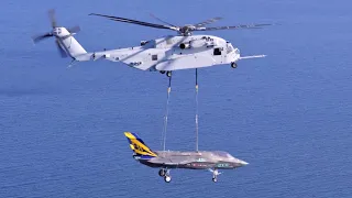 Sikorsky CH-53K King Stallion Air Lifting F-35C Stealth Fighter Jets.