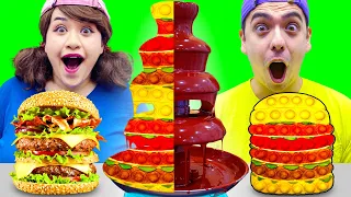 REAL VS POP IT CHOCOLATE FONDUE MUKBANG CHALLENGE | LAST TO STOP EATING IN 24 HOURS WINS BY SWEEDEE