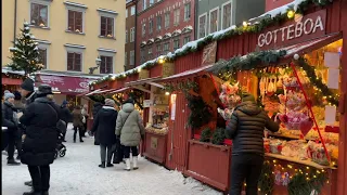 Stockholm Old Town Christmas Market. Stroll around in snow and experience. Daytime and evening.